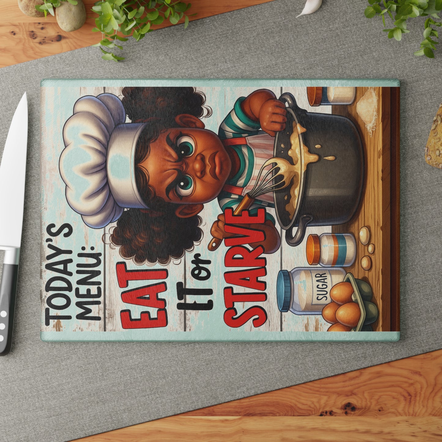 Funny Glass Cutting Board with Chef Design - Perfect Kitchen Gift for Cooks, Housewarming, Bridal Showers, Family Events, Humor Décor