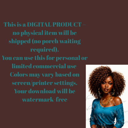 Black Girl PNG, Afro Woman Clipart, African American Woman PNG for Sublimation, Digital Art for Tshirts, Mugs, Stickers